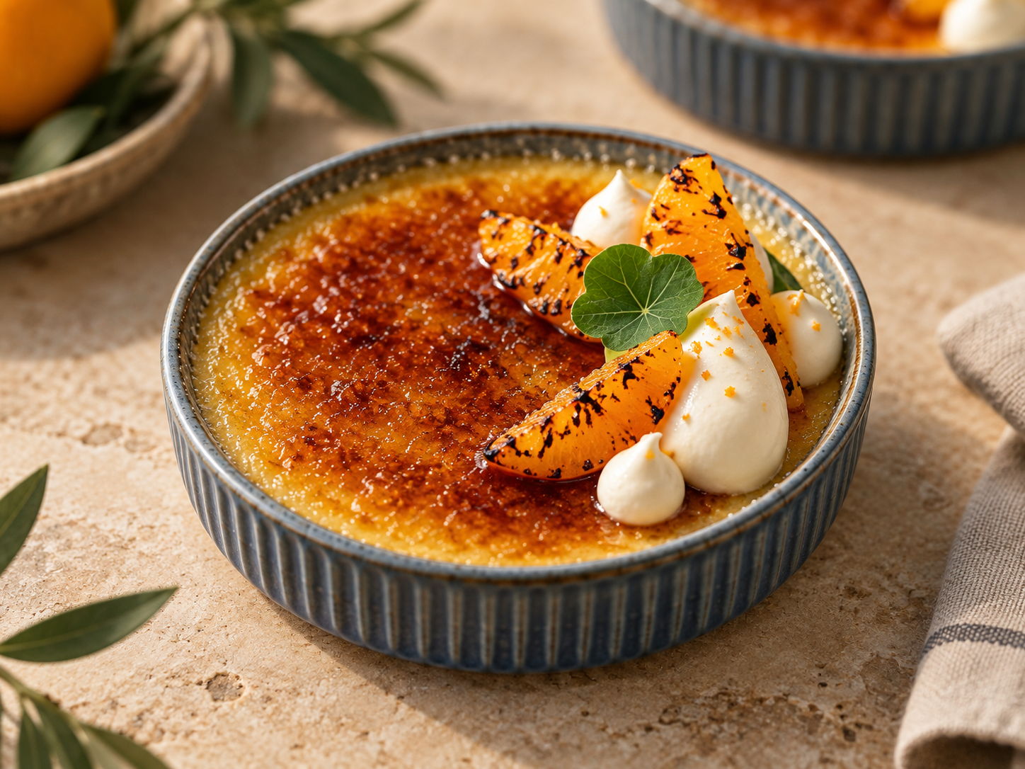 Crème brûlée served with caramelized orange