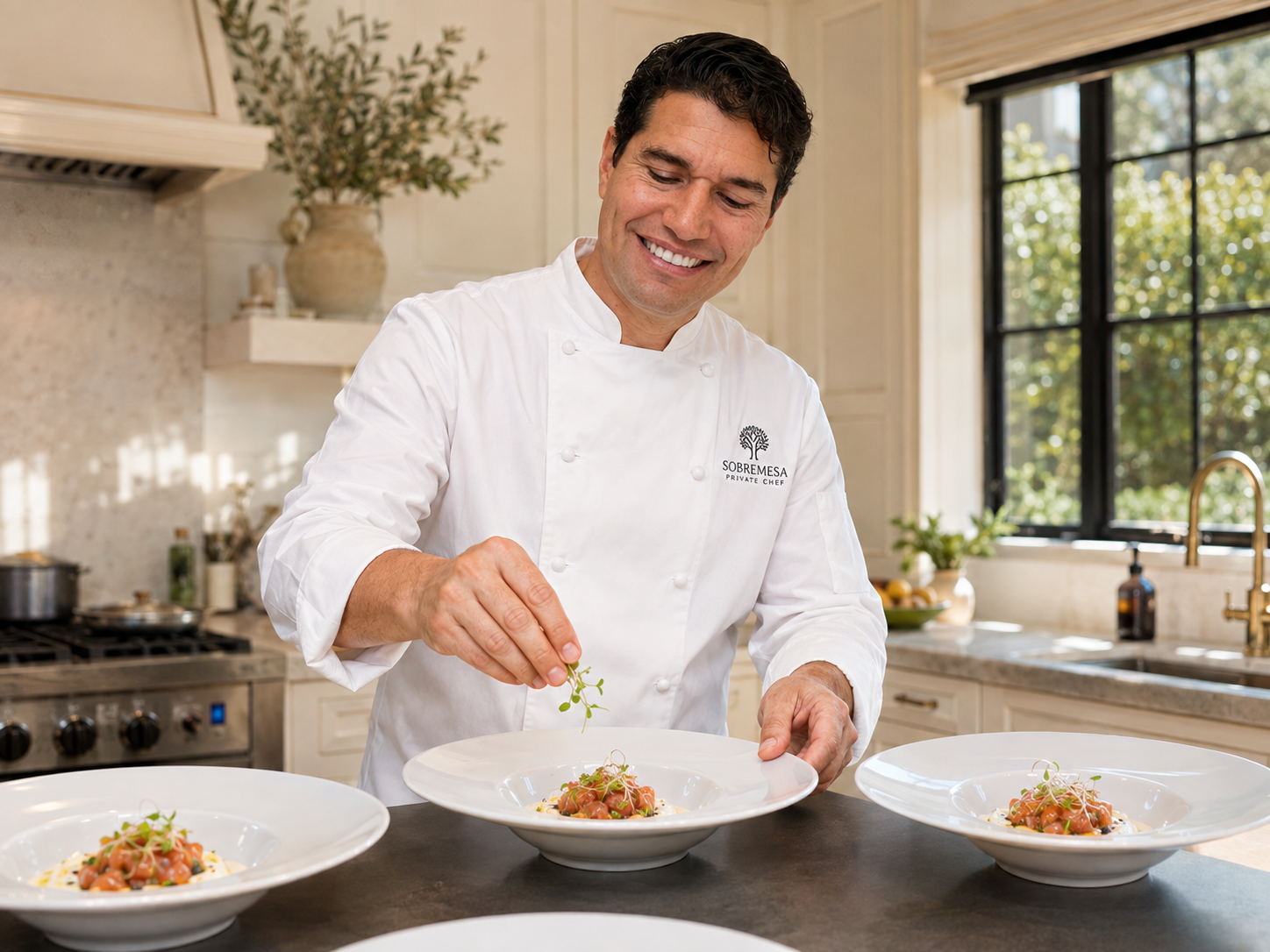 Fernando plating a private dinner in a home kitchen