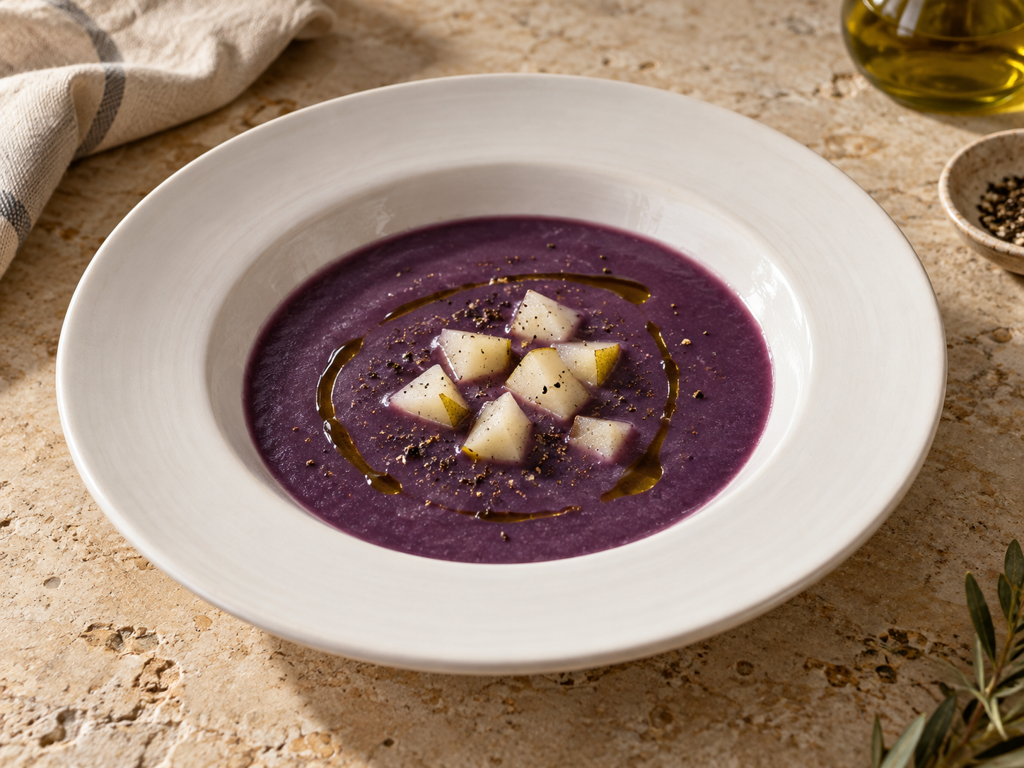 Silky red cabbage and pear cream with olive oil