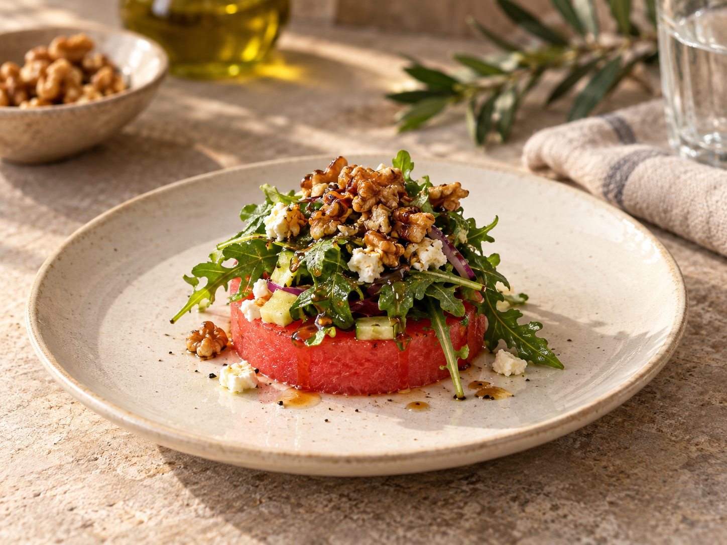 Watermelon disk topped with arugula, feta and walnuts