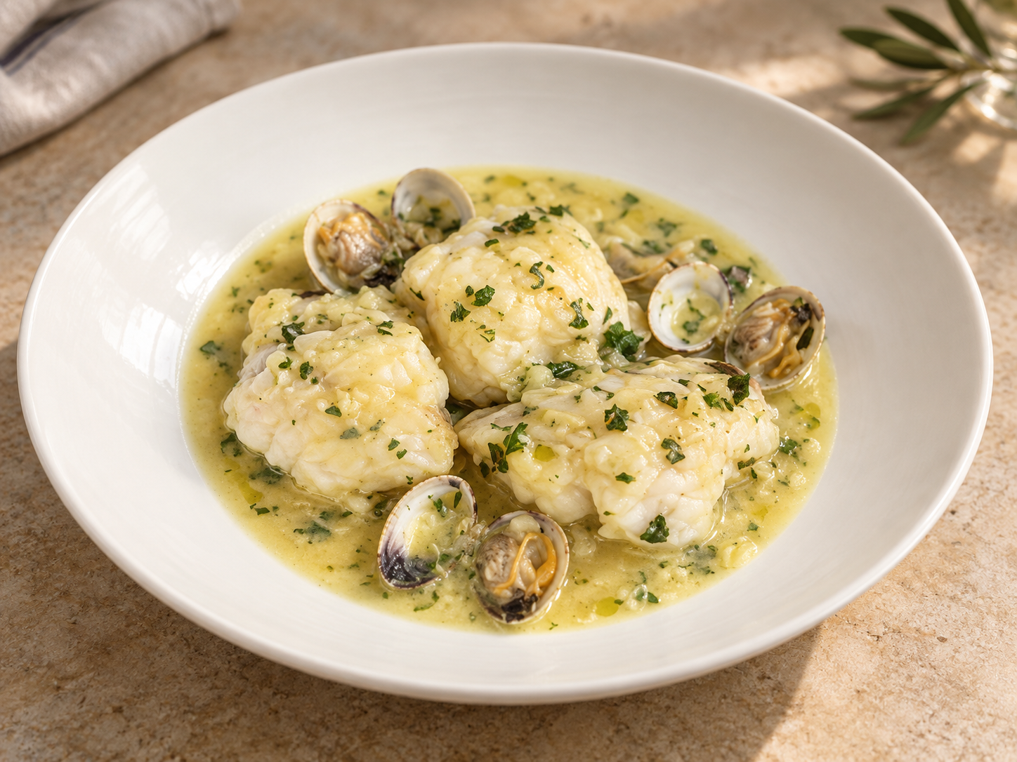 White fish with clams in a silky green sauce