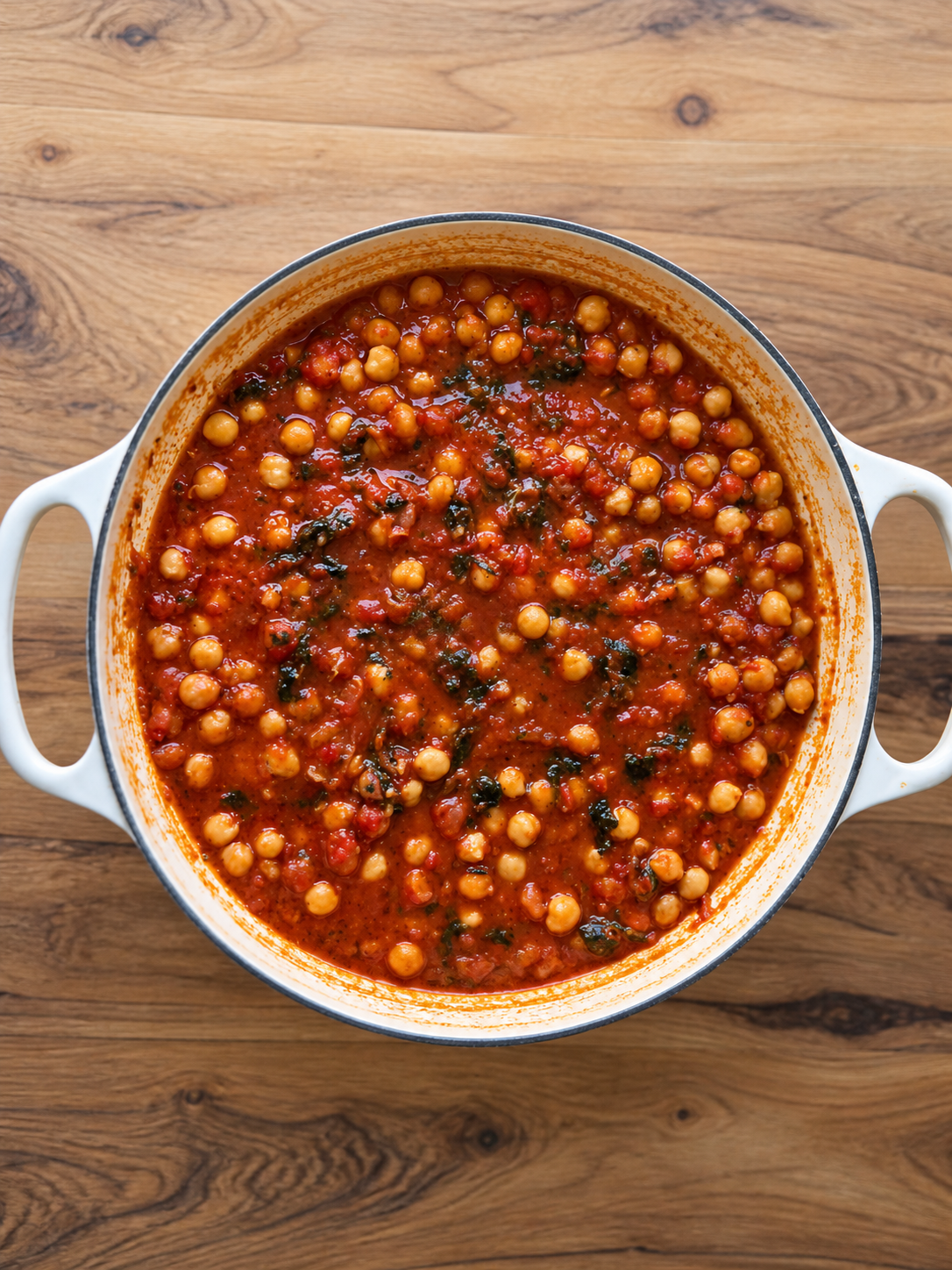 Spanish chickpea stew served in a white casserole