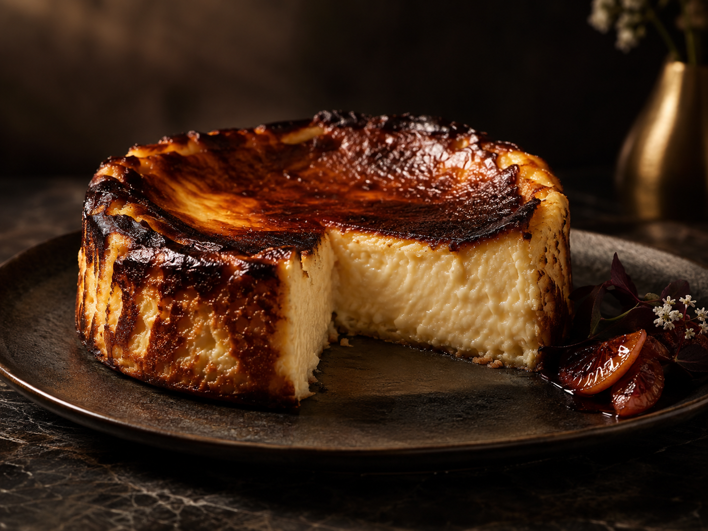 A caramelized Basque cheesecake ready to share
