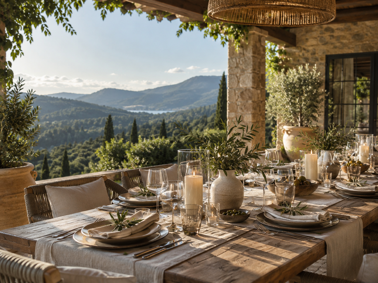 An elegant private dining table overlooking a Mediterranean landscape