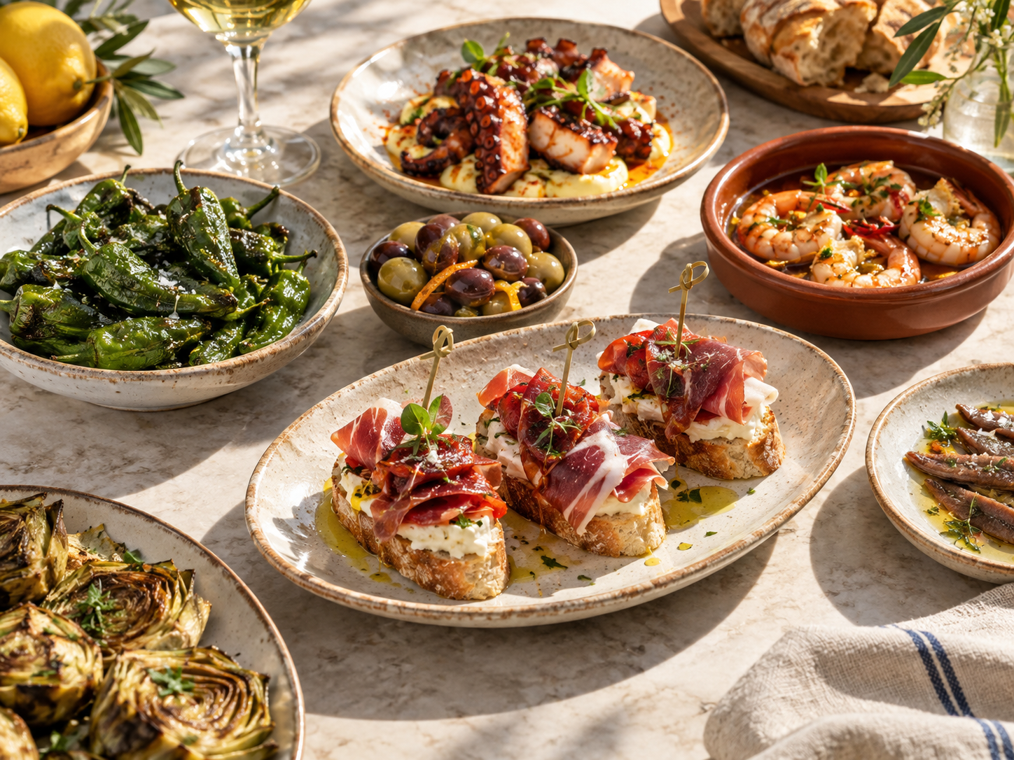 An abundant Spanish tapas table prepared for sharing