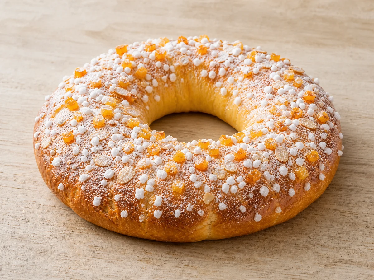 Roscón de Reyes with candied orange cubes, pearl sugar and powdered sugar